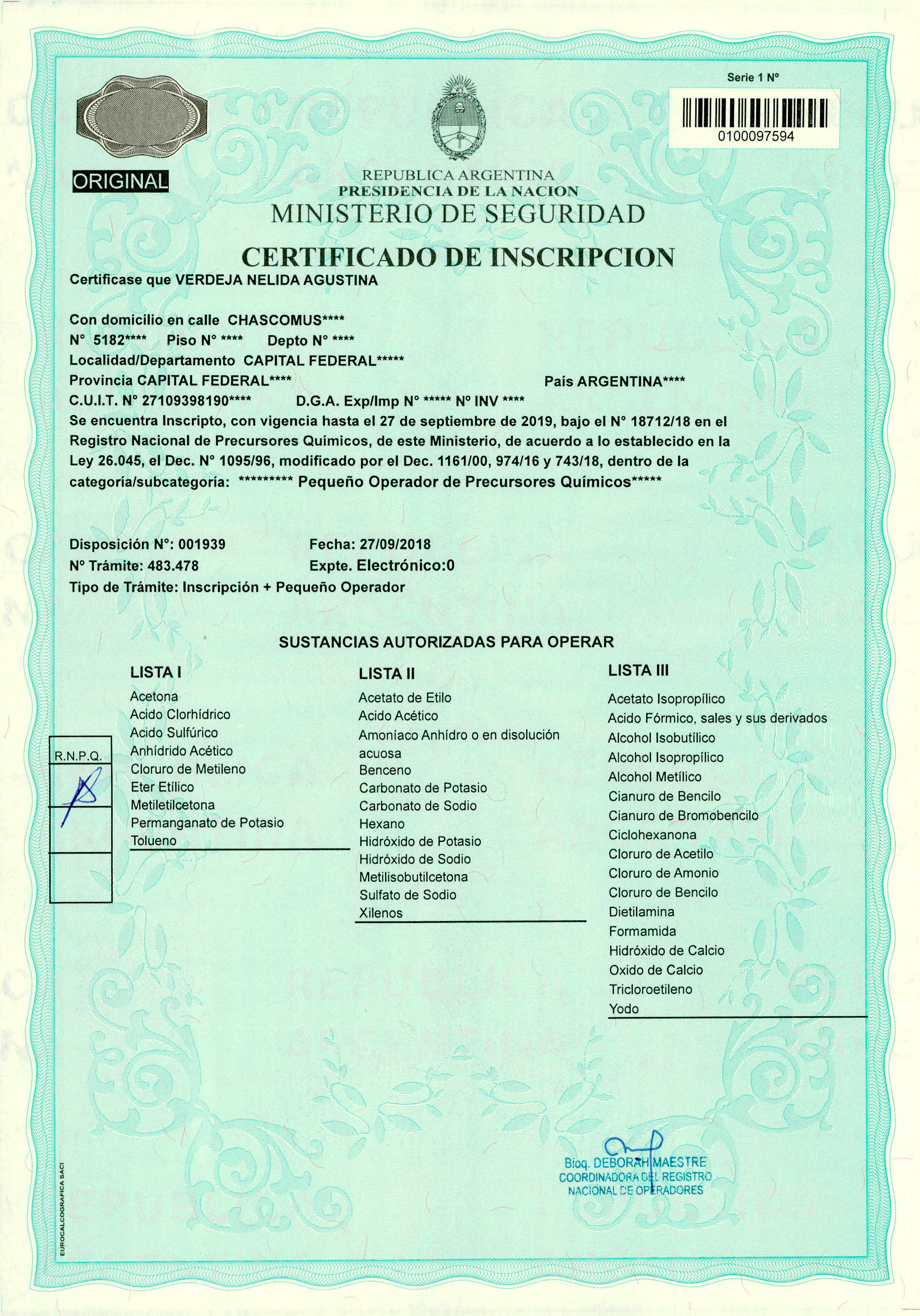Certificado RENPRE 001