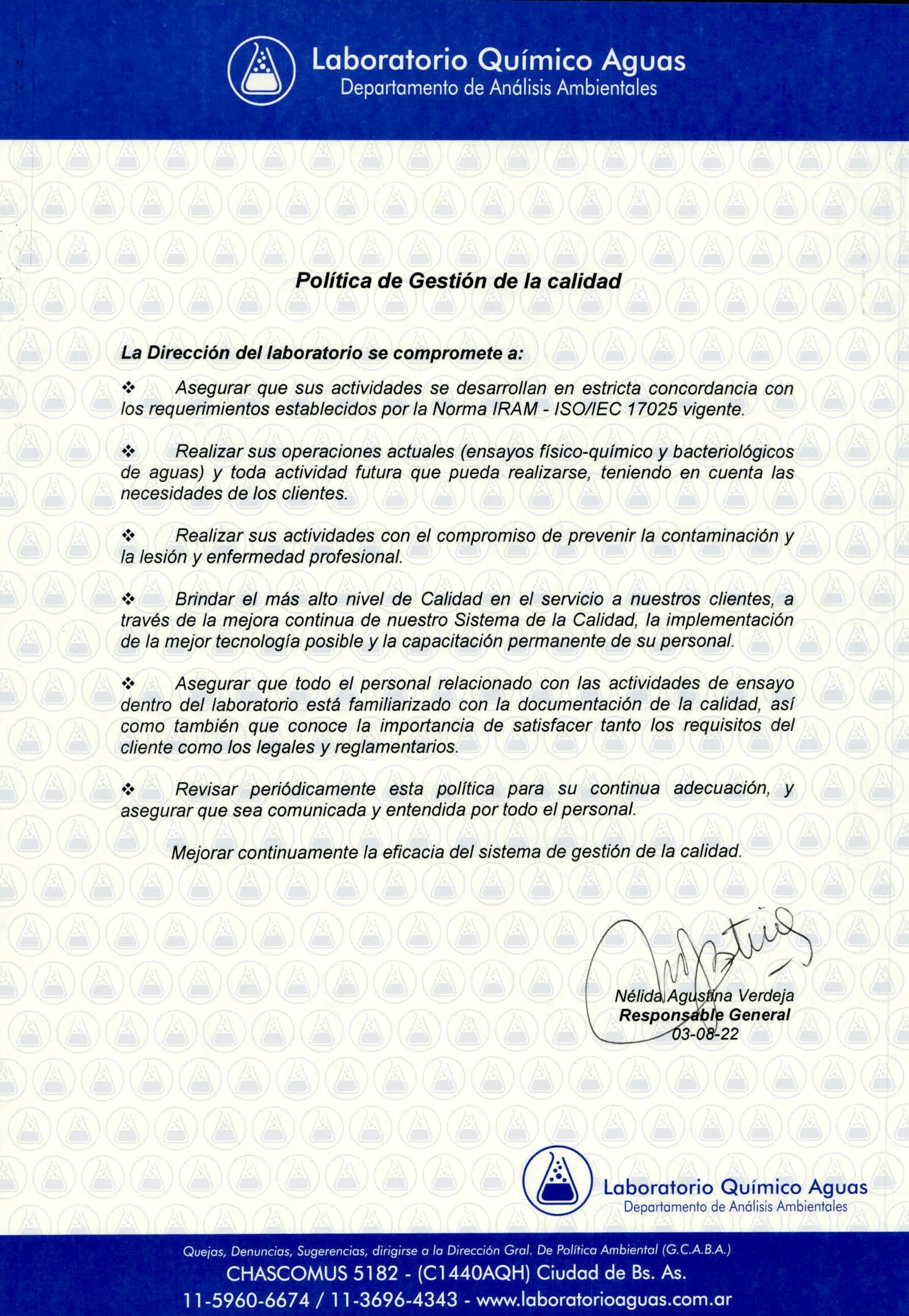 Política de gestión de la calidad - Laboratorio Aguas