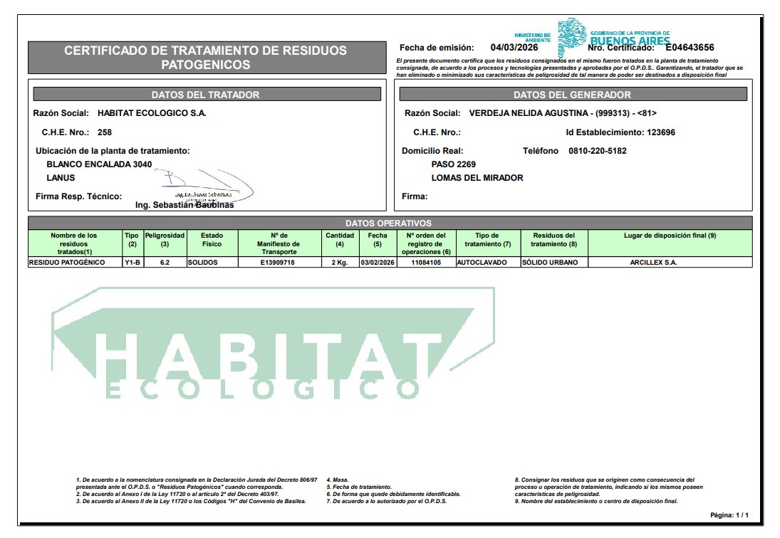 Certificado Residuos Patogénicos